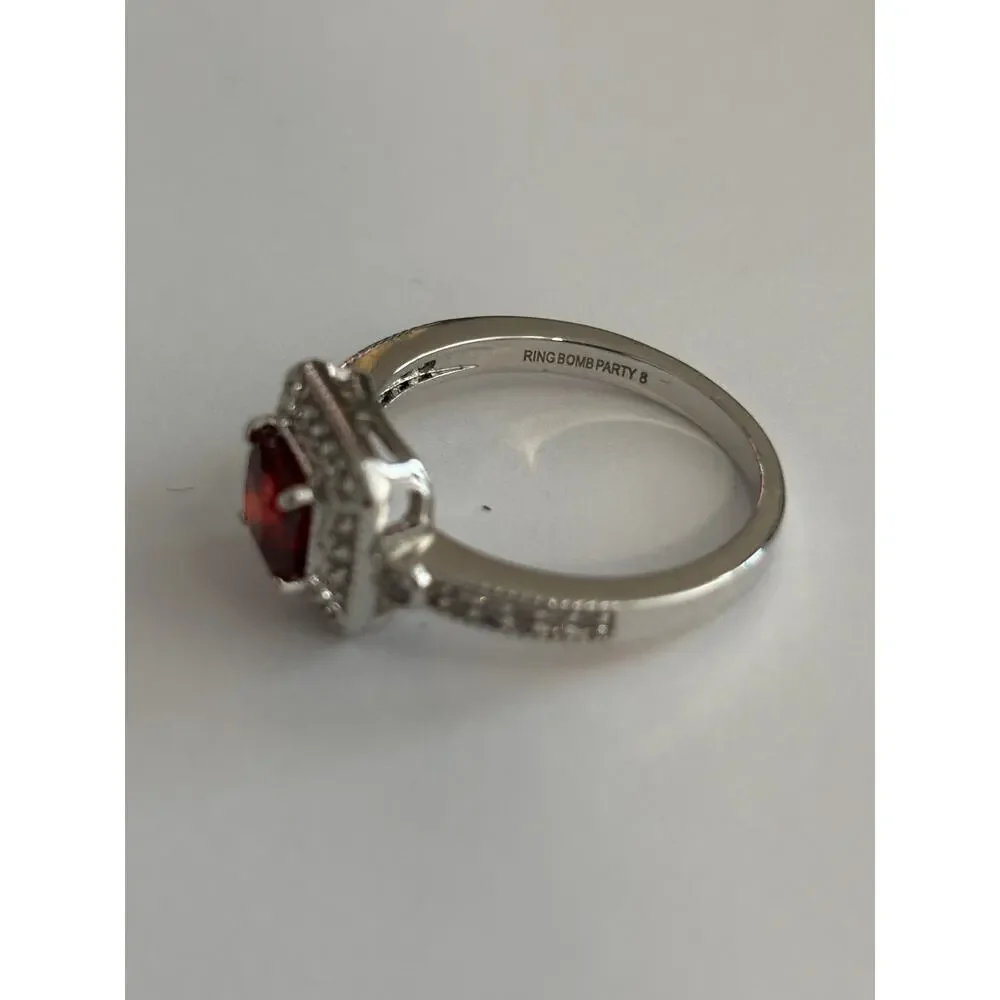 Ring Bomb Party Silver Tone Ring Red & Clear Stones